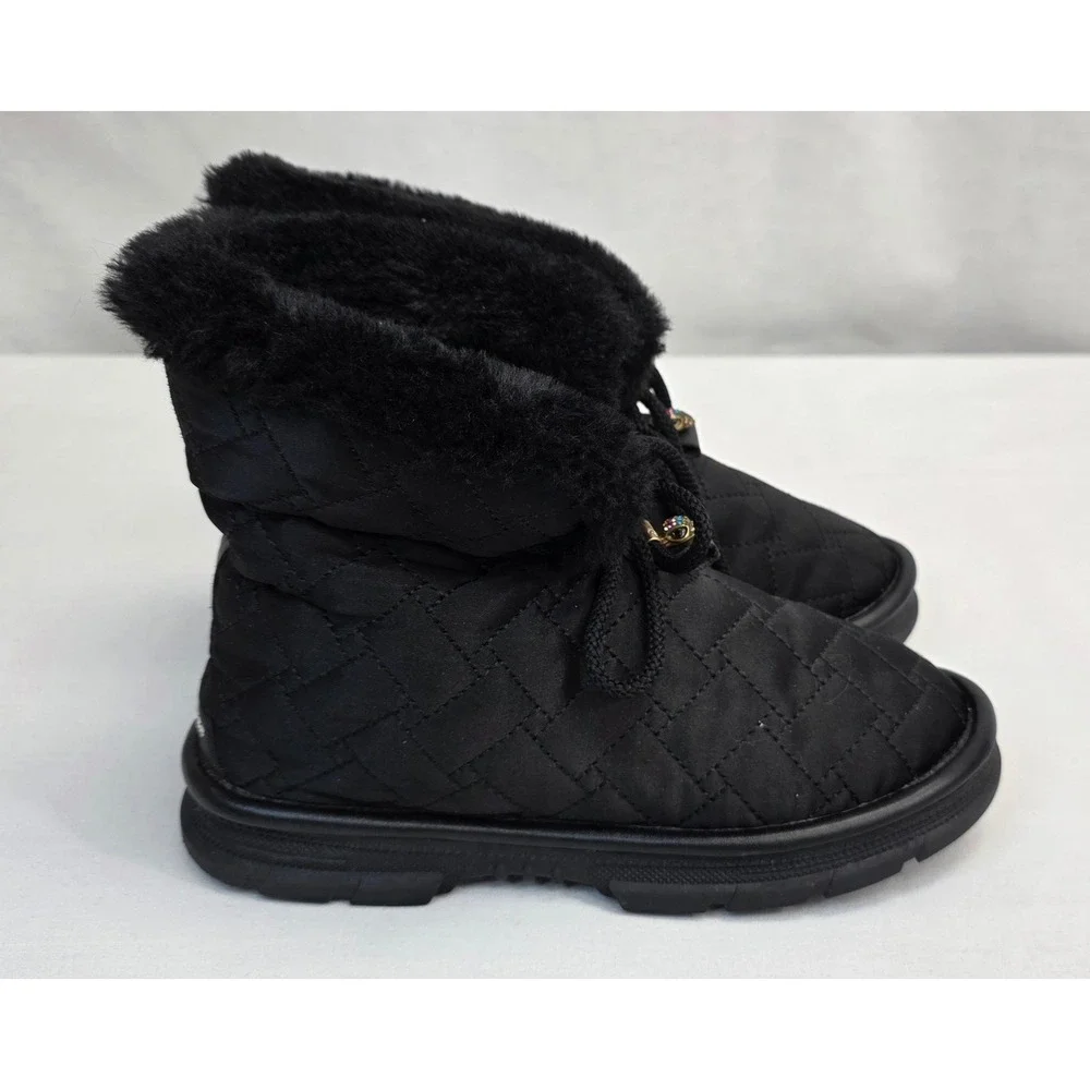 Kurt Geiger Mini Orson Puffer Bootie Black Quilted Faux Fur Winter Boots Kids 34